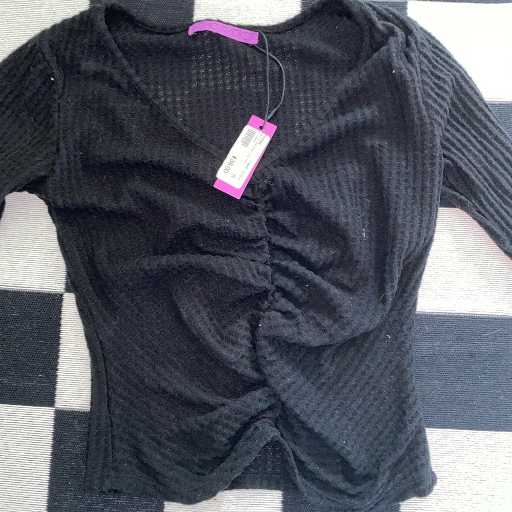 Black Waffle Rouched Long Sleeve Top